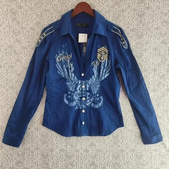 COPY - NWT Coogi Blue Embroidered Long sleeve Button Up Military Shirt Youths XL - Picture 1 of 13